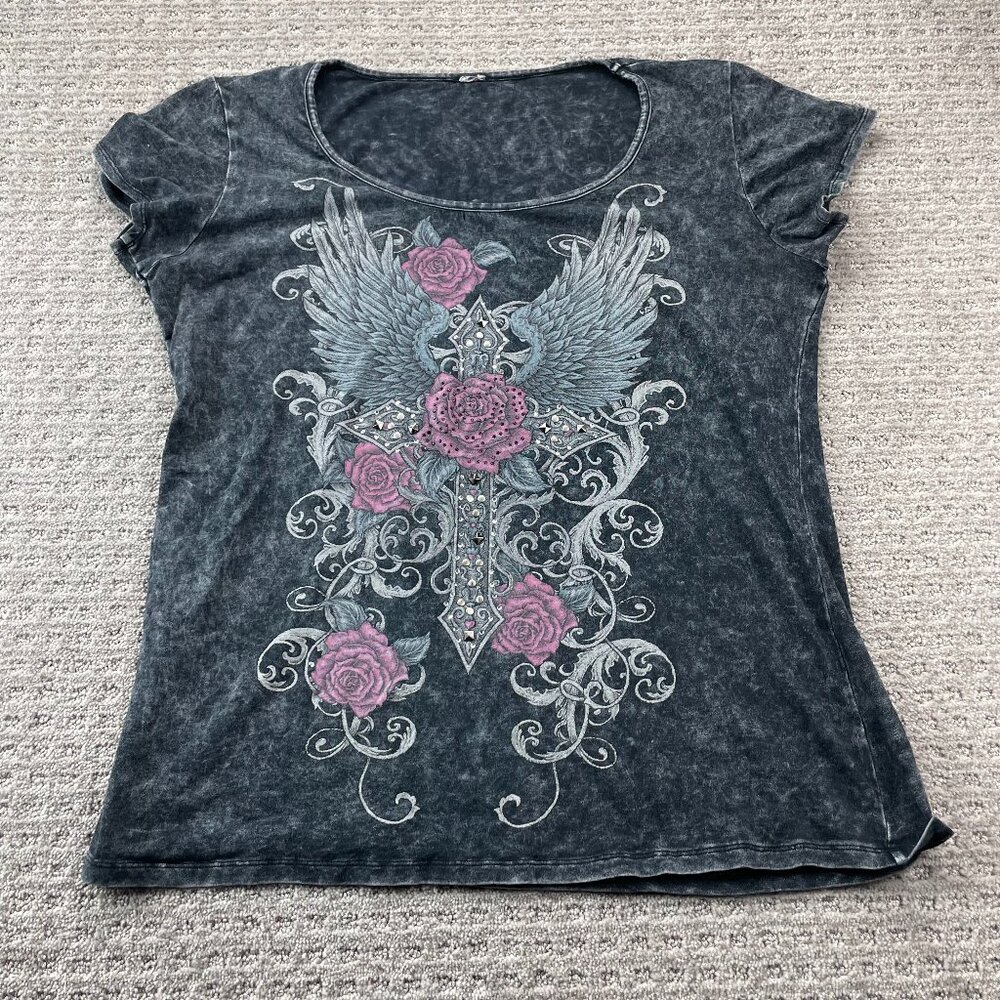 Ride On Graphic T-Shirt Women Gray Back to Back Print Beaded Dazzled Rhinestone